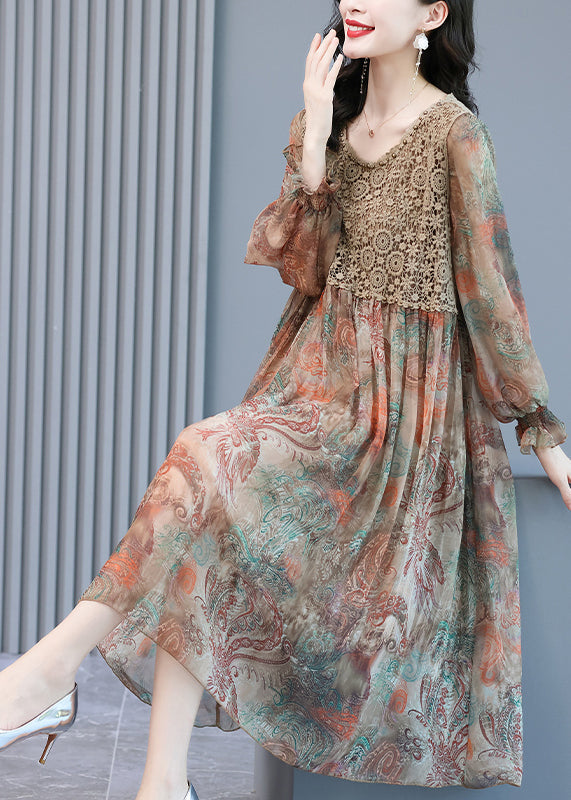 Paisley Print Crochet Lace Bodice Ruffle Cuff Long Sleeve Chiffon Midi Dress