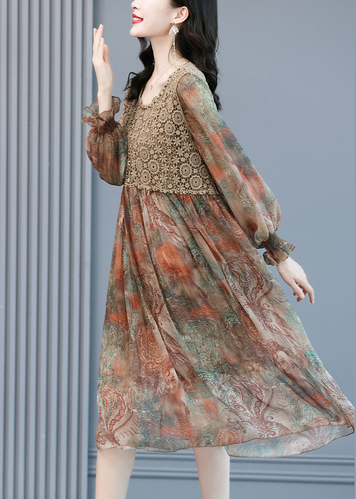 Paisley Print Crochet Lace Bodice Ruffle Cuff Long Sleeve Chiffon Midi Dress