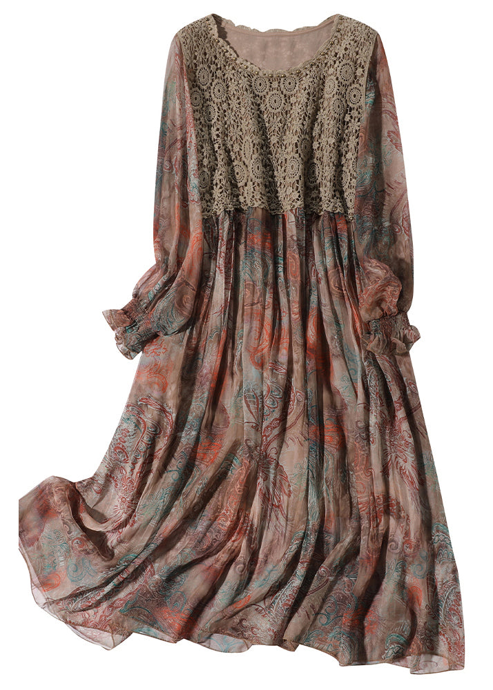 Paisley Print Crochet Lace Bodice Ruffle Cuff Long Sleeve Chiffon Midi Dress