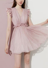 Fitted Pink Ruffled Chiffon Day Dress Summer