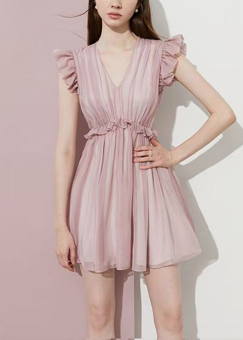 Fitted Pink Ruffled Chiffon Day Dress Summer 2