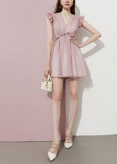 Fitted Pink Ruffled Chiffon Day Dress Summer 4