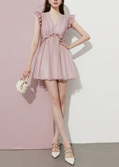 Fitted Pink Ruffled Chiffon Day Dress Summer 5