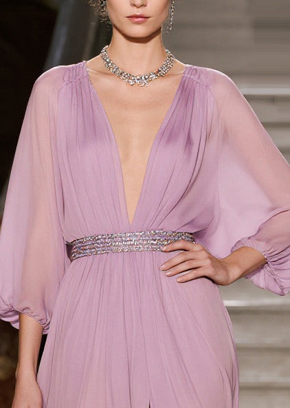 Fitted Purple Tunic Side Open Tulle Maxi Dresses Summer - View 2