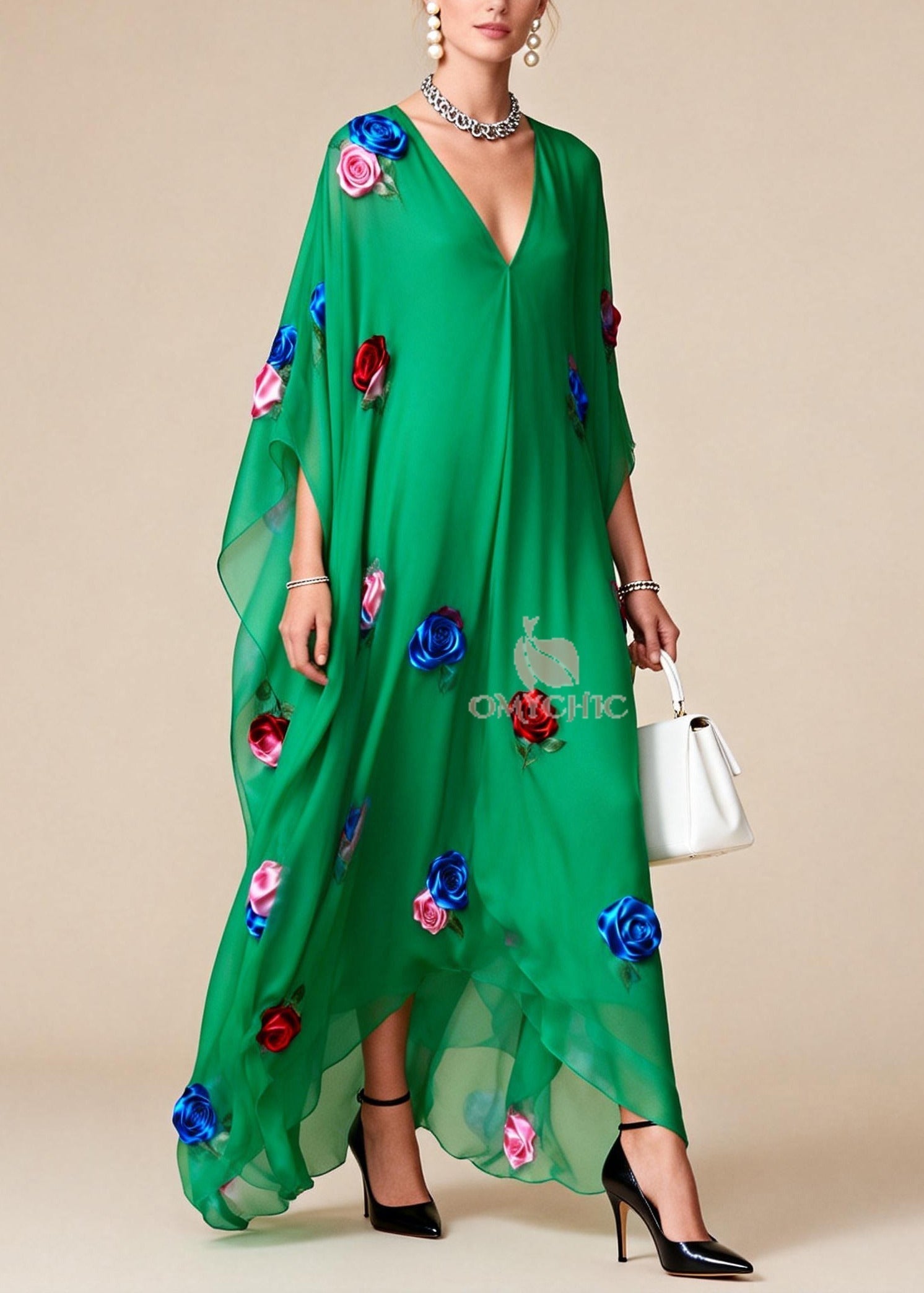 Fitted Tea Green Oversized Floral Chiffon Maxi Dress Summer - View 3