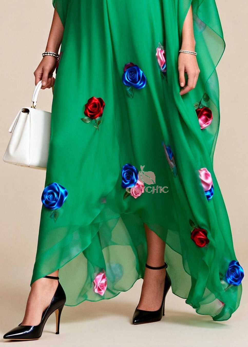 Fitted Tea Green Oversized Floral Chiffon Maxi Dress Summer - View 4