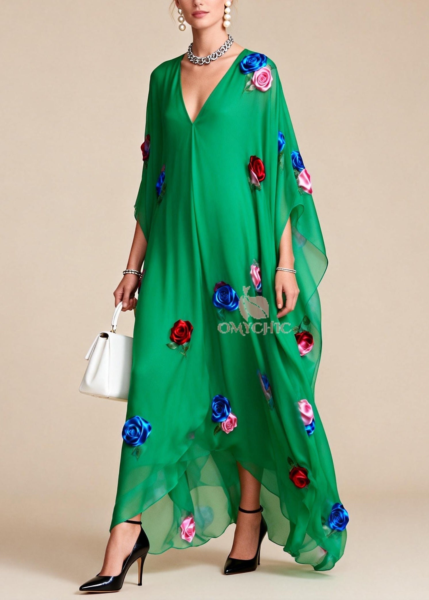Fitted Tea Green Oversized Floral Chiffon Maxi Dress Summer - View 5