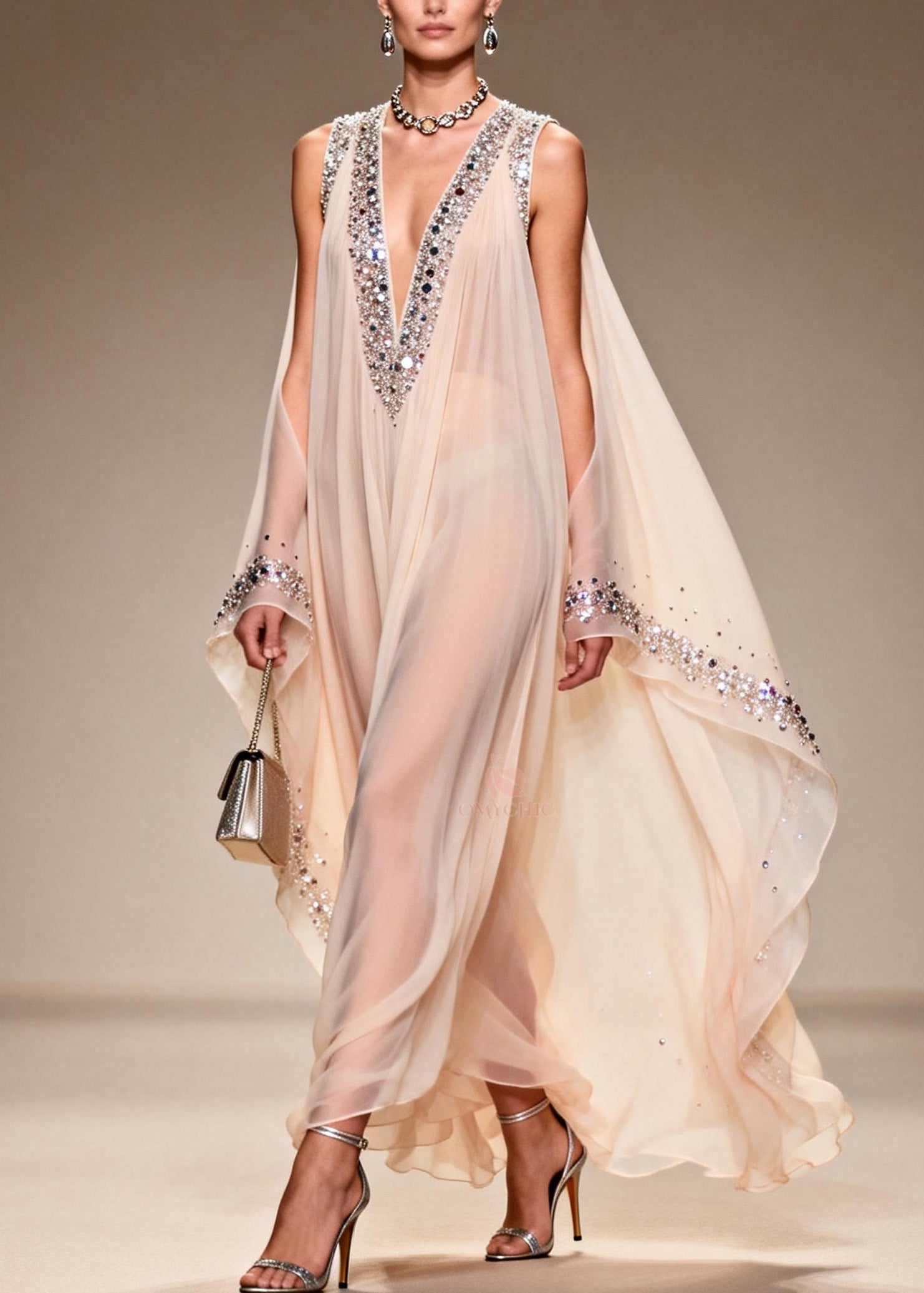 Chiffon Sheer Deep V-Neck Rhinestone Trim Cape Sleeve Floor Length Gown