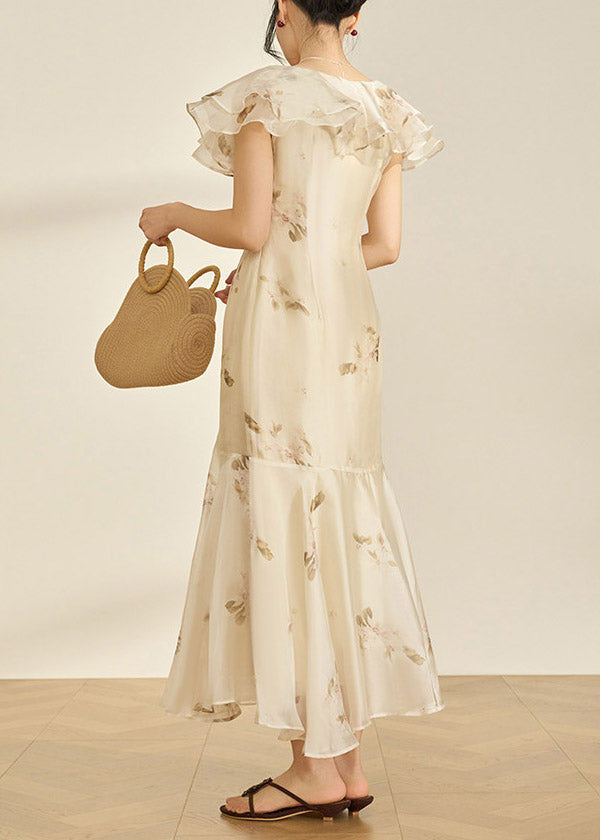 Chiffon Floral Print Ruffle Collar Button Front Empire Waist Flutter Sleeve Midi Dress