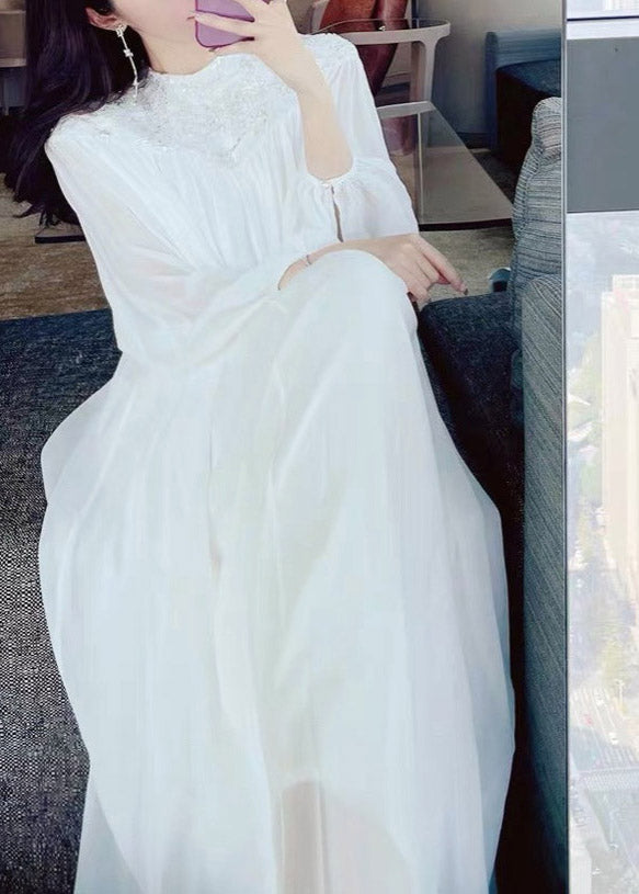 Chiffon Puff Sleeve Lace Embroidered Round Neck A-Line Maxi Wedding Dress