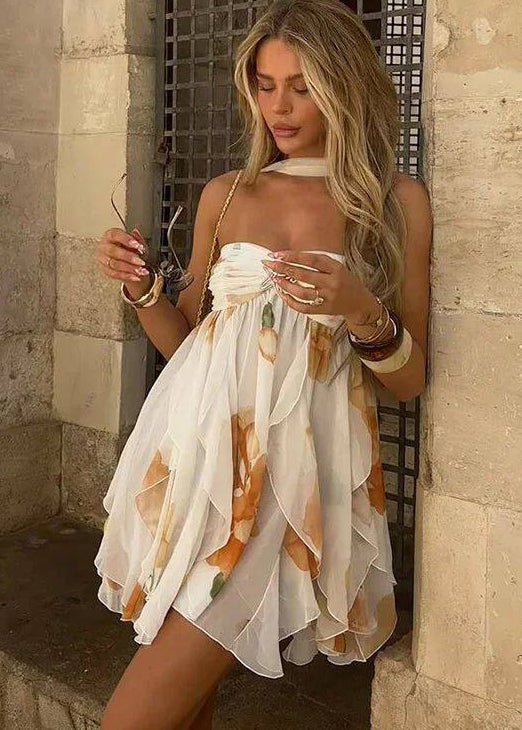 Fitted White Print With Scarf Chiffon Strapless Dresses Summer 5