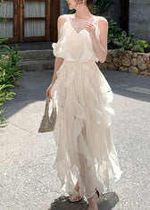 Fitted White Ruffled Patchwork Rhinestone Chiffon Long Dresses Summer
