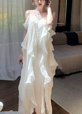 Fitted White Ruffled Patchwork Rhinestone Chiffon Long Dresses Summer 2