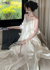 Fitted White Ruffled Patchwork Rhinestone Chiffon Long Dresses Summer 3
