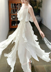 Fitted White Ruffled Patchwork Rhinestone Chiffon Long Dresses Summer 4