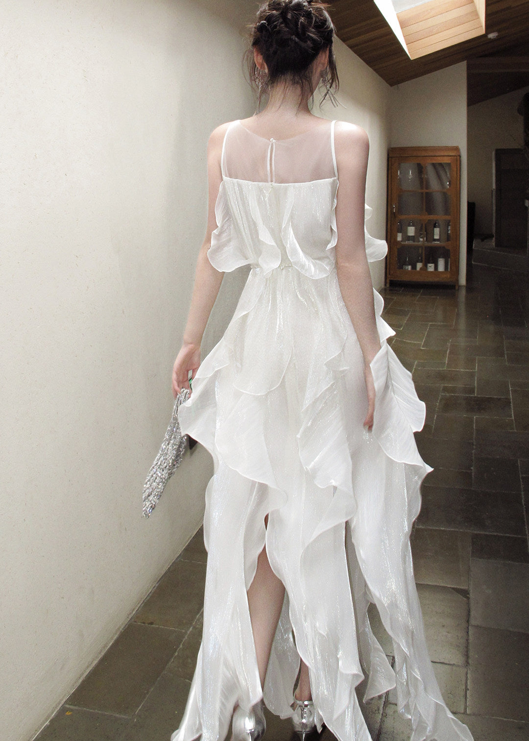 Fitted White Ruffled Patchwork Rhinestone Chiffon Long Dresses Summer 5