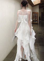 Fitted White Ruffled Patchwork Rhinestone Chiffon Long Dresses Summer 5