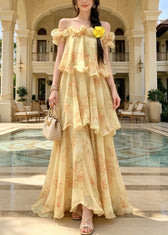Fitted Yellow Cold Shoulder Ruffled Print Chiffon Maxi Spaghetti Strap Dress Sleeveless