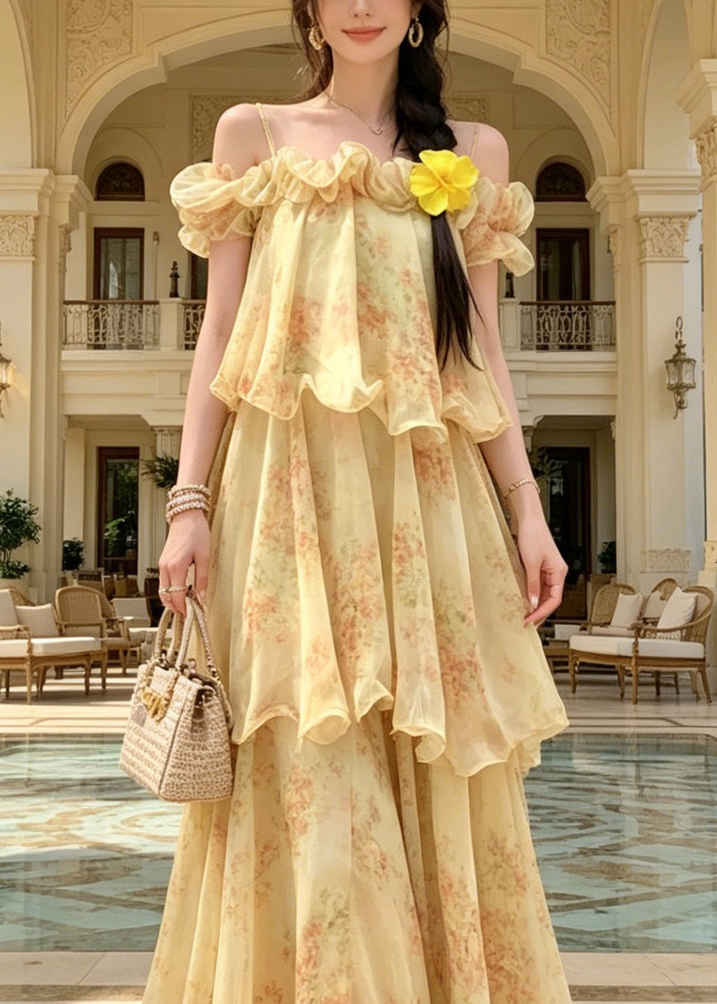 Fitted Yellow Cold Shoulder Ruffled Print Chiffon Maxi Spaghetti Strap Dress Sleeveless 2