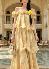 Fitted Yellow Cold Shoulder Ruffled Print Chiffon Maxi Spaghetti Strap Dress Sleeveless 2