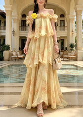 Fitted Yellow Cold Shoulder Ruffled Print Chiffon Maxi Spaghetti Strap Dress Sleeveless 3