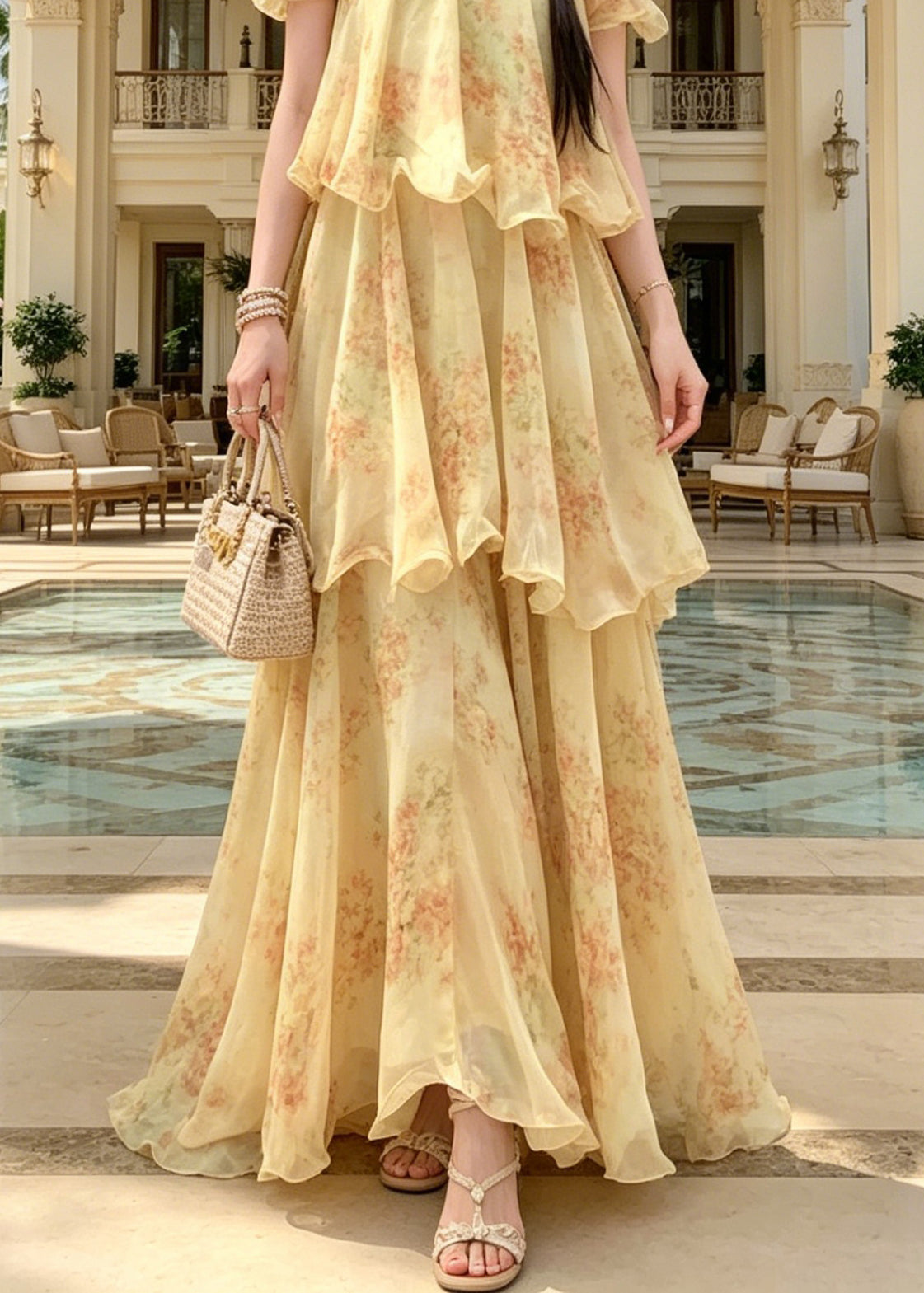 Fitted Yellow Cold Shoulder Ruffled Print Chiffon Maxi Spaghetti Strap Dress Sleeveless 4