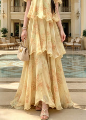 Fitted Yellow Cold Shoulder Ruffled Print Chiffon Maxi Spaghetti Strap Dress Sleeveless 4