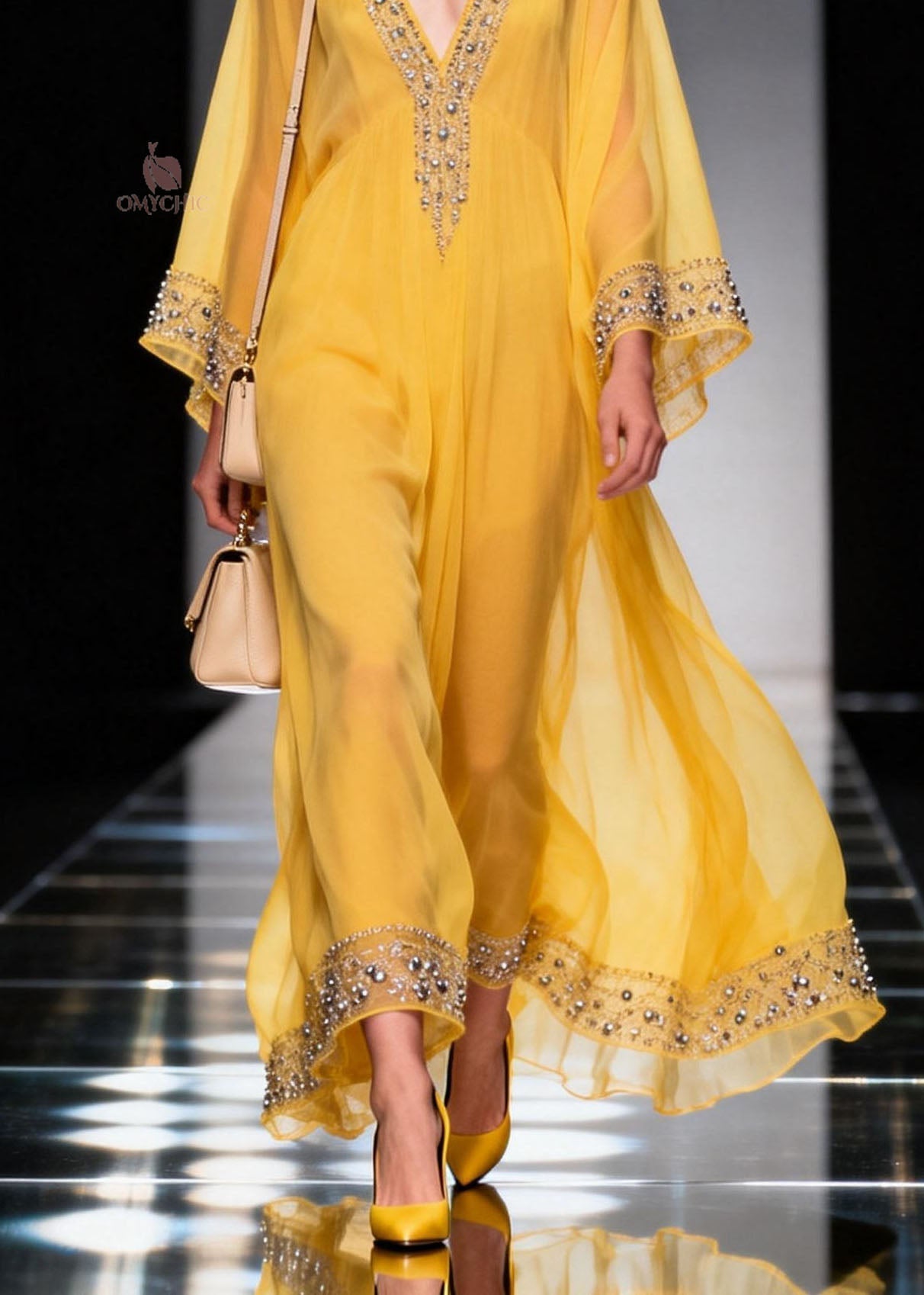 Chiffon Deep V-Neck Bell Sleeve Rhinestone Border Trim Kaftan Maxi Gown