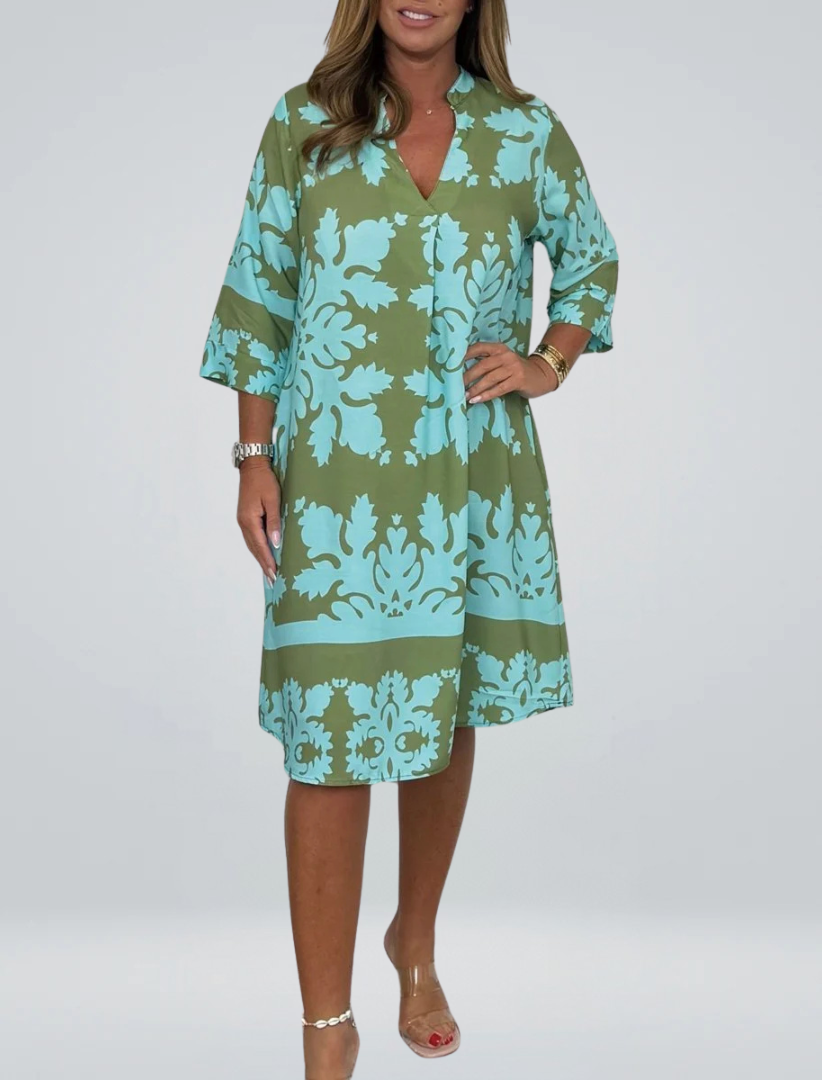 Notch Neck Half Sleeve Damask Print Shift Midi Dress