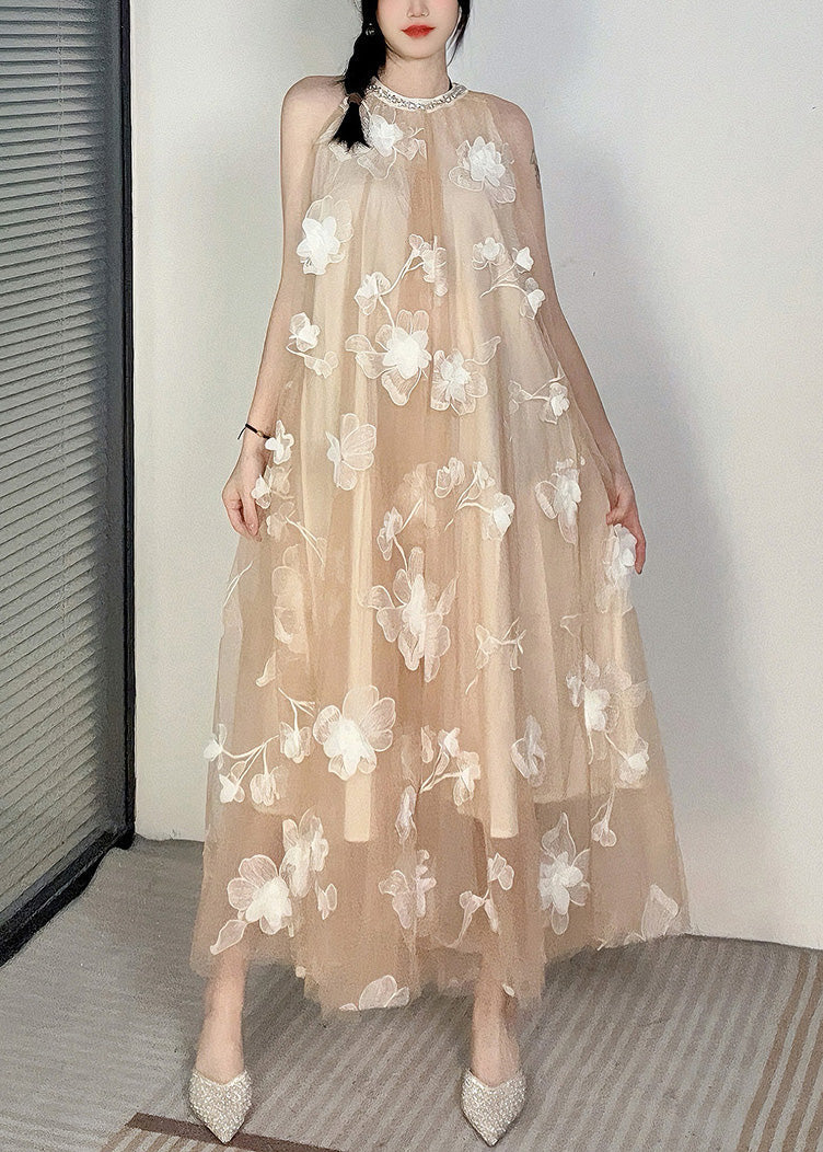 Mesh Halter Neck Pearl Trim 3D Floral Appliqué Tiered Maxi Dress