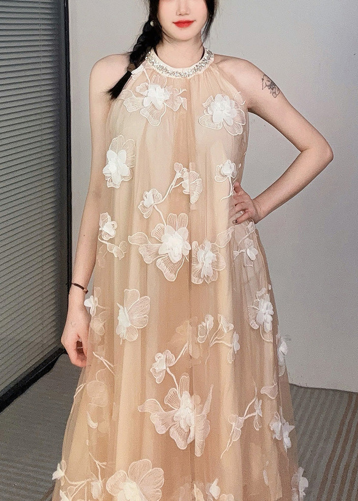Mesh Halter Neck Pearl Trim 3D Floral Appliqué Tiered Maxi Dress