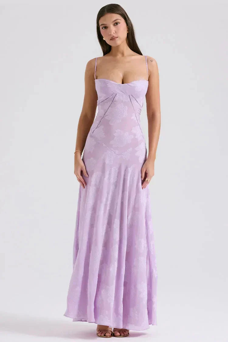 Floral Jacquard Spaghetti Strap Corset Bodice Maxi Dress 3