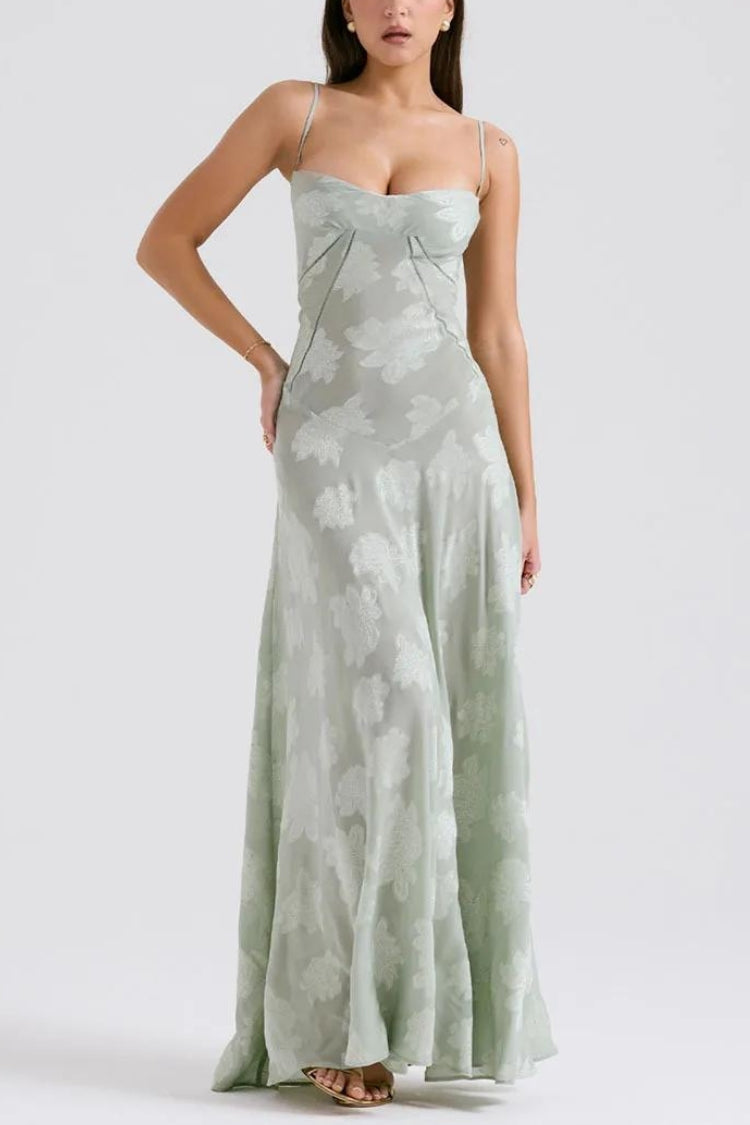 Floral Jacquard Spaghetti Strap Corset Bodice Maxi Dress 5