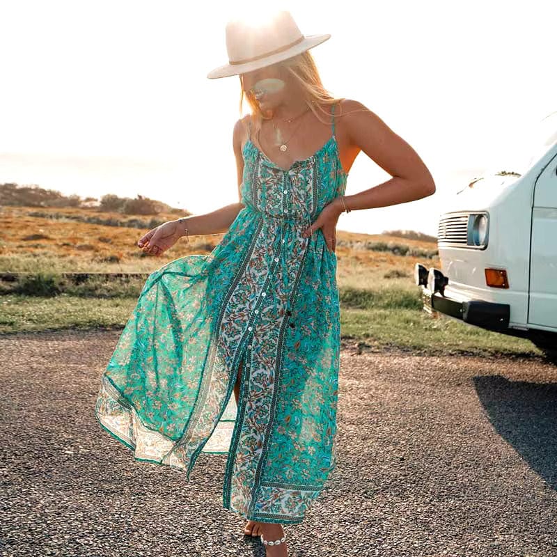 Floral Button Up Spaghetti Strap Maxi Dress