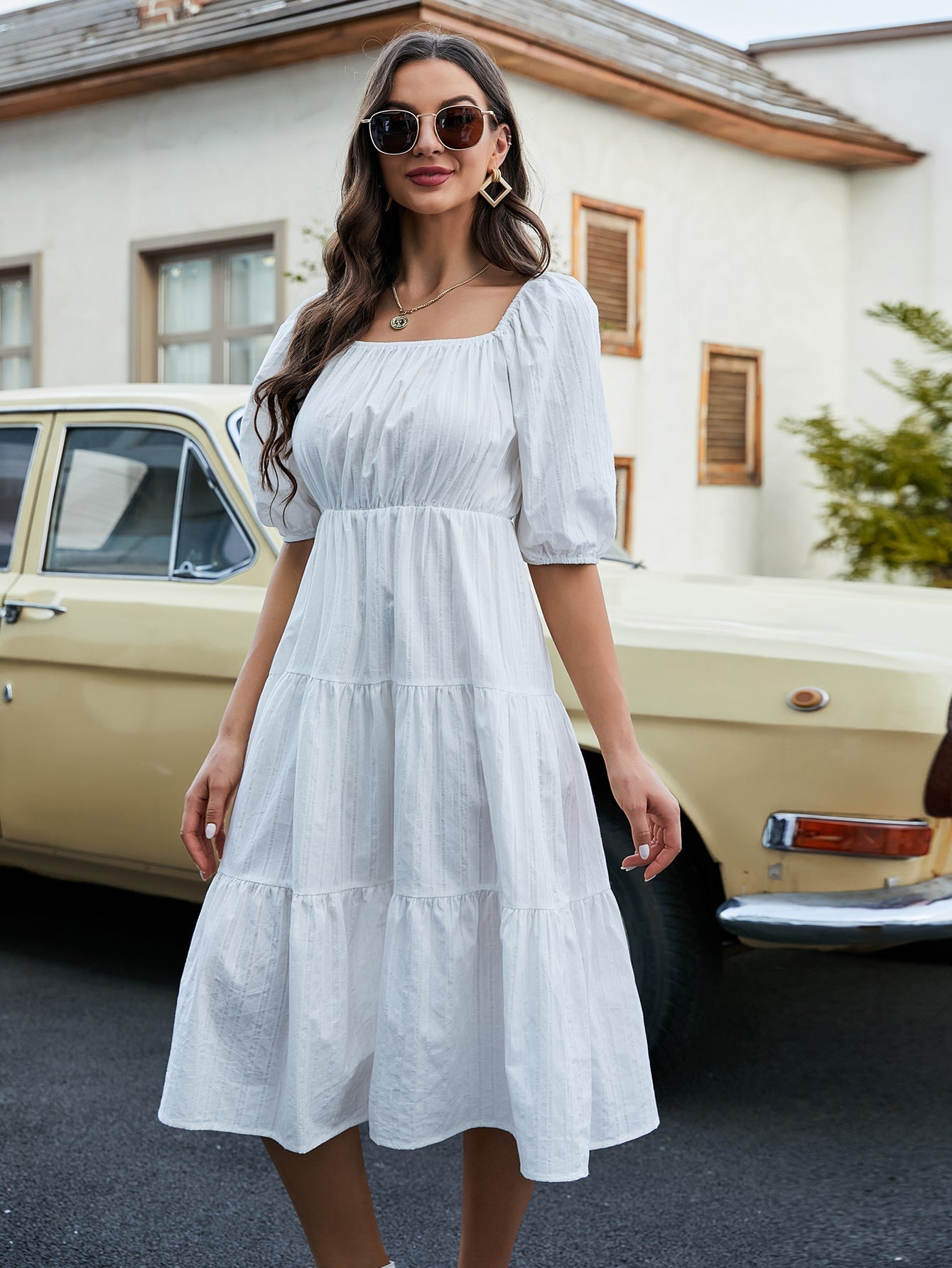 Floral Puff Sleeve Flare Hem Dress