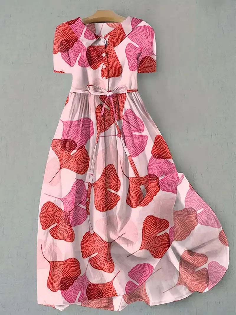 Leaf Print Collared Short Sleeve Button Front Midi Dress
