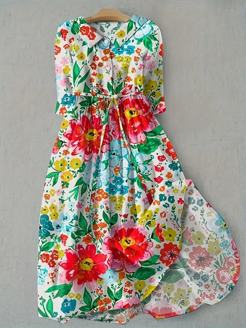 Floral Print Collared Half Sleeve Tie Waist Midi Dress