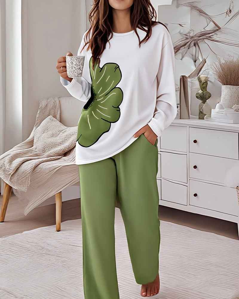 Multicolor Pajama Set Floral Print With Soft Knit Comfort For All Day Cozy Lounge Cotton