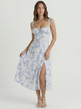 Floral Sweetheart Tie Front High Split Midi Dress