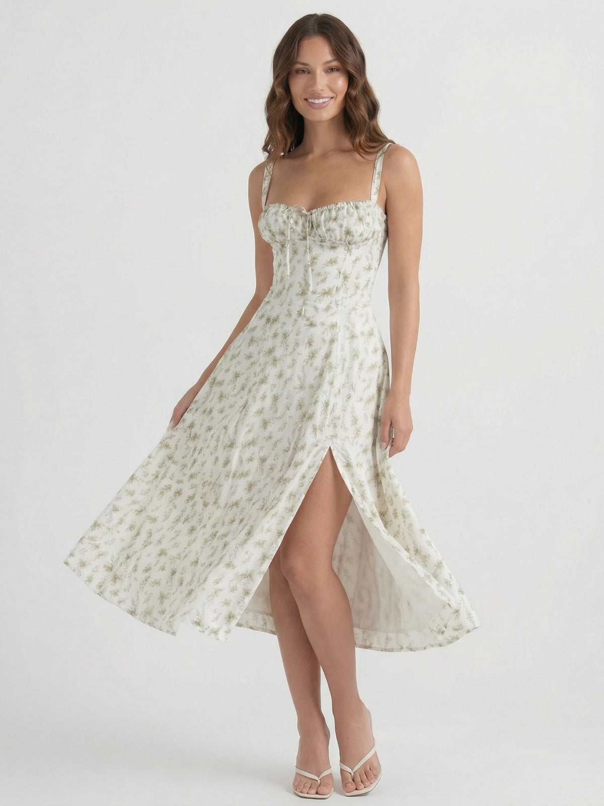 Floral Sweetheart Tie Front High Split Midi Dress 12