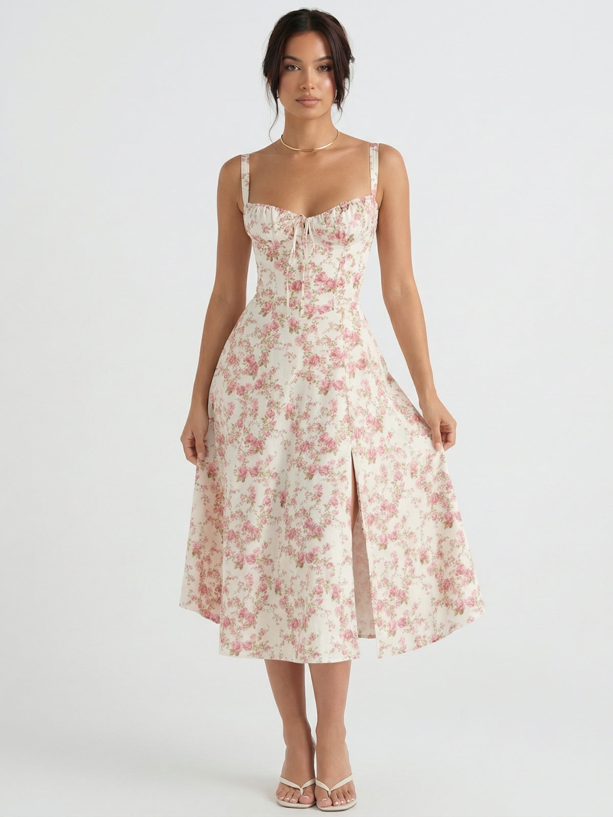 Floral Sweetheart Tie Front High Split Midi Dress 6