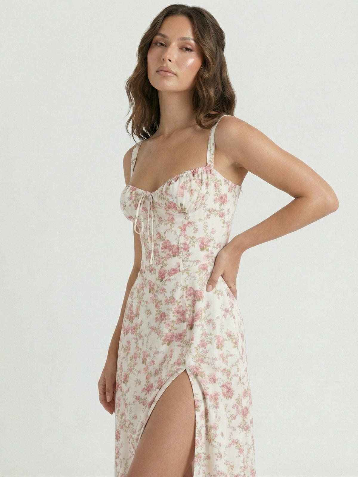Floral Sweetheart Tie Front High Split Midi Dress 8