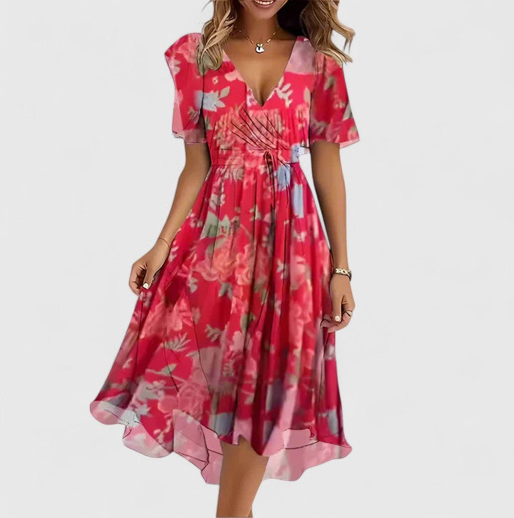 Floral Deep V-Neck Short Sleeve Wrap Midi Dress