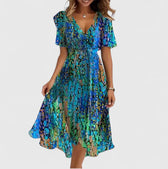 Floral Deep V-Neck Short Sleeve Wrap Midi Dress 2