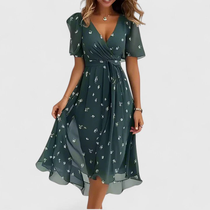 Floral Deep V-Neck Short Sleeve Wrap Midi Dress 7