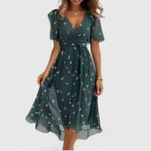 Floral Deep V-Neck Short Sleeve Wrap Midi Dress 7