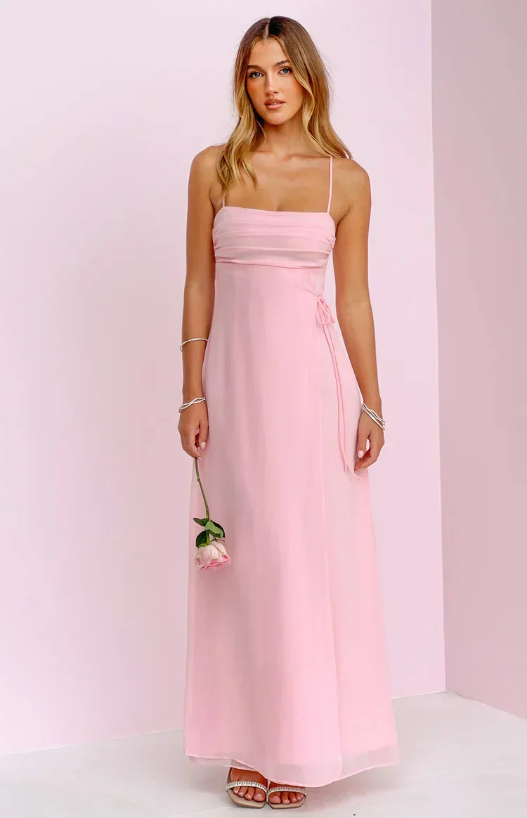 Chiffon Ruched Straight Neck Side Tie Spaghetti Strap Maxi Dress 6
