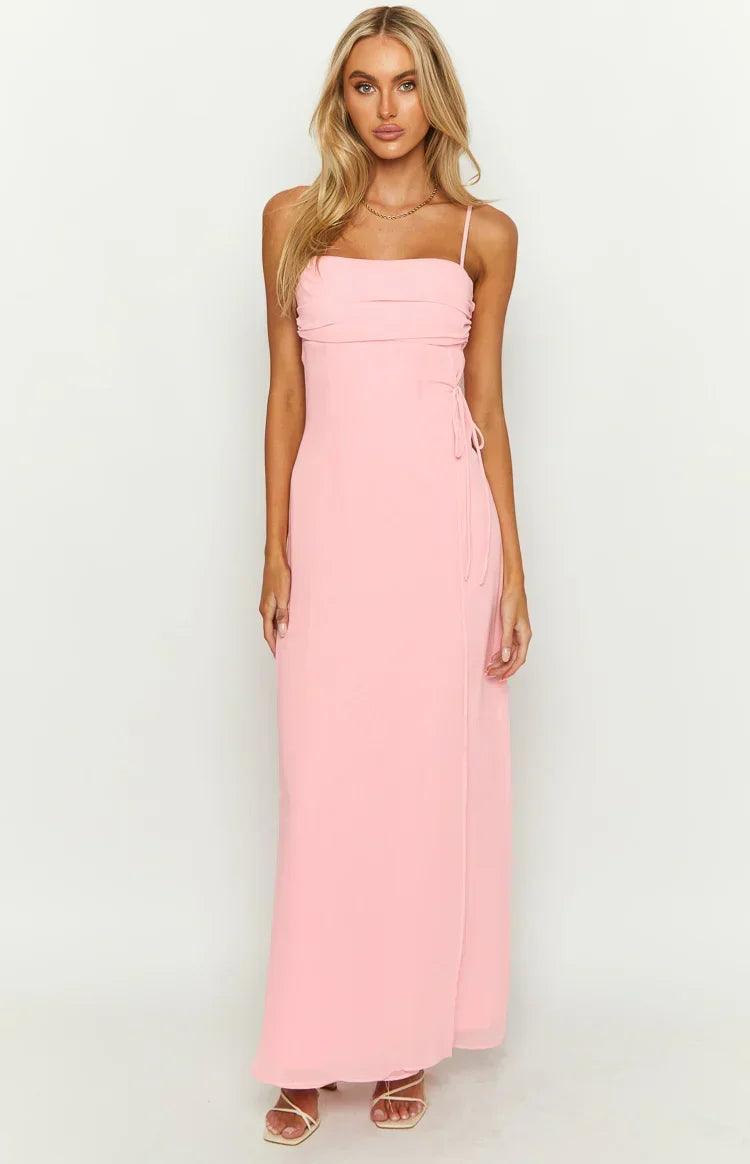 Chiffon Ruched Straight Neck Side Tie Spaghetti Strap Maxi Dress 12