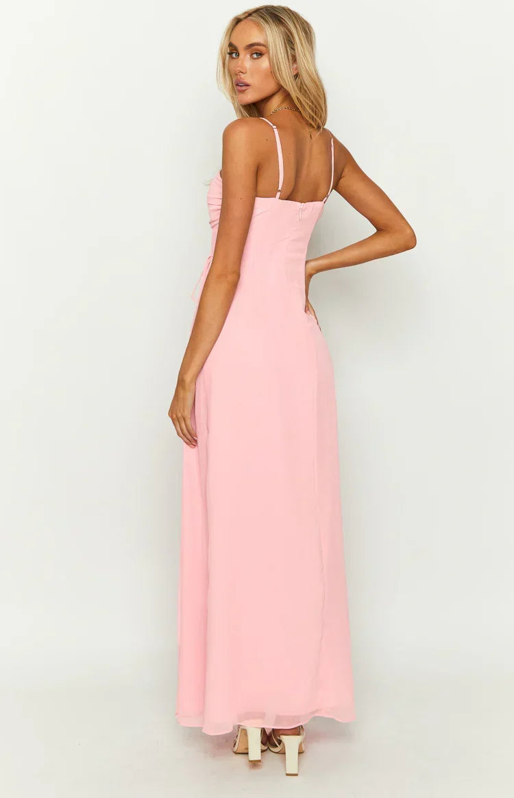 Chiffon Ruched Straight Neck Side Tie Spaghetti Strap Maxi Dress 15