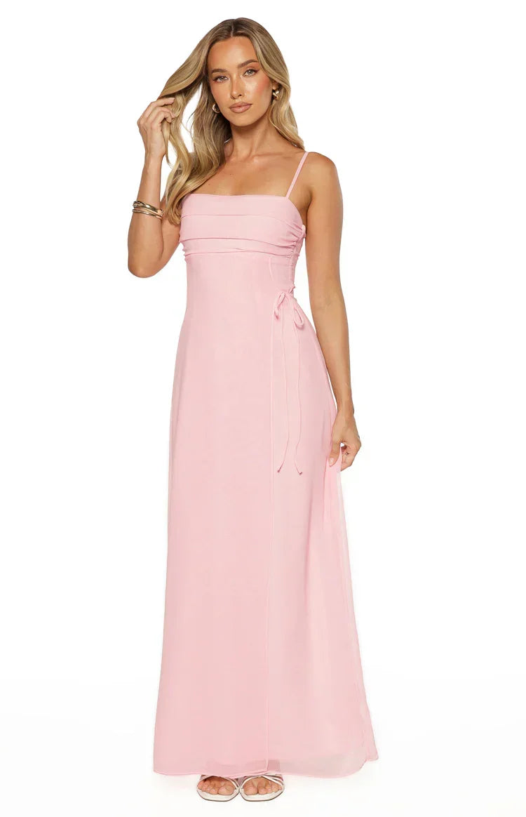 Chiffon Ruched Straight Neck Side Tie Spaghetti Strap Maxi Dress 2